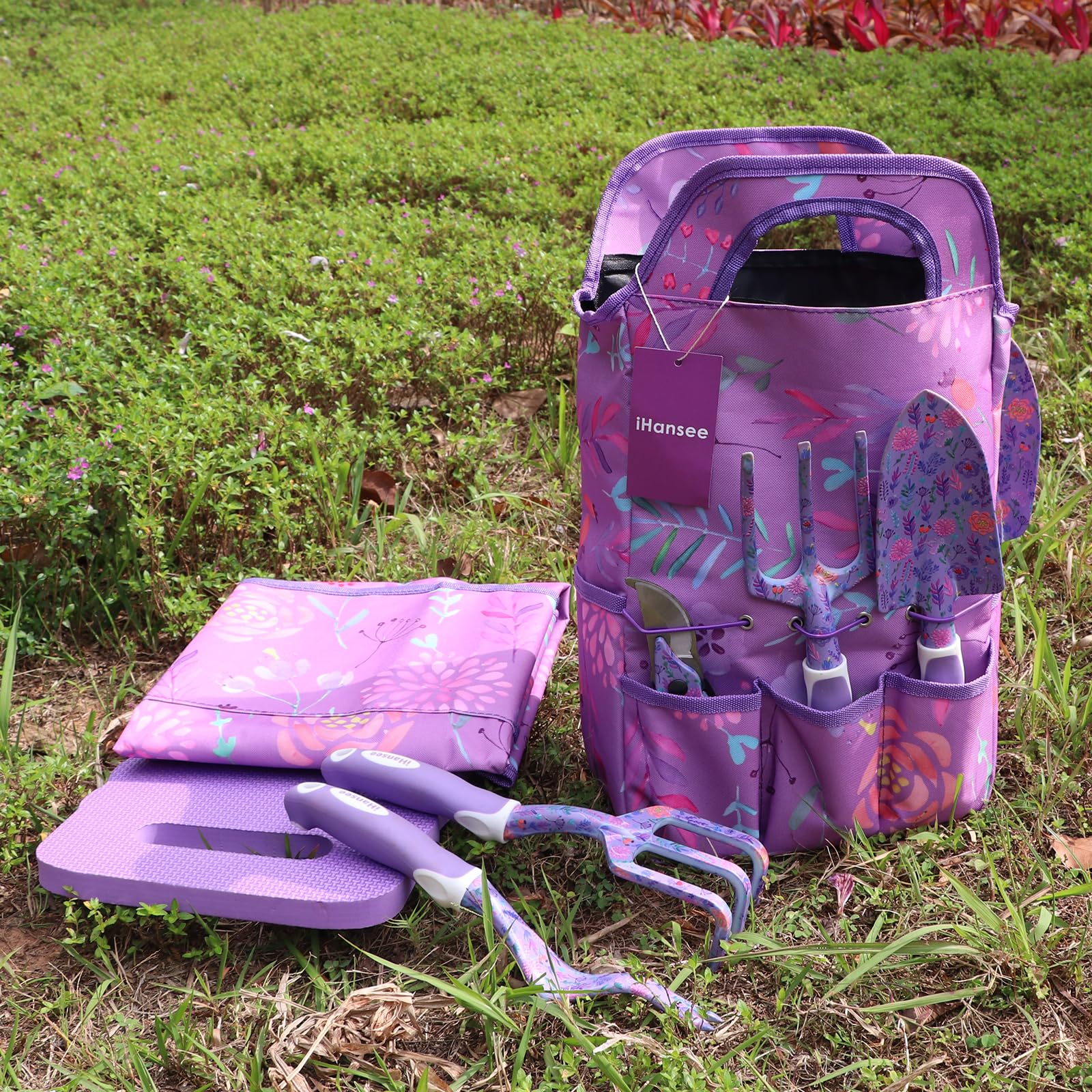 Juego de herramientas de jardín púrpura de 10 piezas, herramientas de mano de jardinería resistentes con mango ergonómico antideslizante, bolsa de herramientas de jardín con estampado de