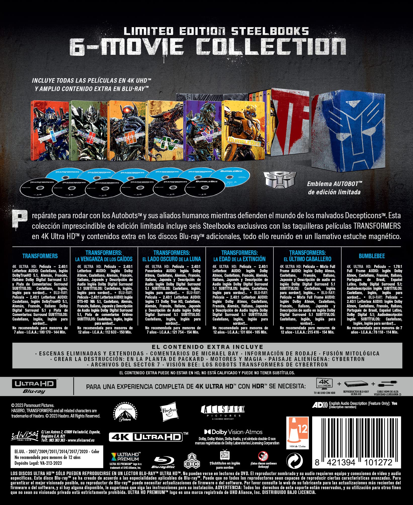 Transformers 6-Movie Collection (Steelbook) (4K UHD + Blu-ray): Transformers, La Venganza de los Caidos, El Lado Oscuro de la Luna, La Era de la Extincion, El Ultimo Caballero, Bumblebee