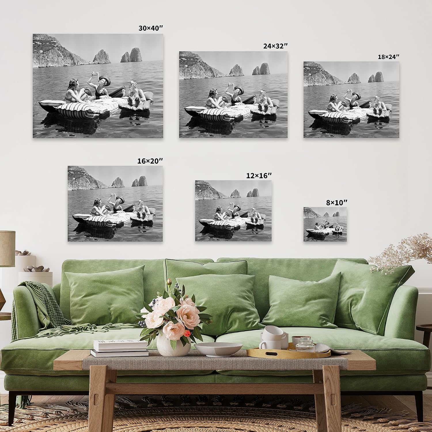 Poster Master Women Eating Pasta on Lake Canvas - Retro Picnic Print - Fashion Photography Art - Gift for Him & Her - Chic Decor for Ocean, Beach or Lake House - 8x10 STRETCHED Canvas