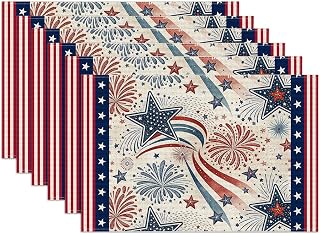 4th of July Placemats Set of 6, American Star Linen Place Mat Washable Stain Resistant Table Mats for Farmhouse Kitchen Dining Holiday Party Wedding Decor 12x18 Inch