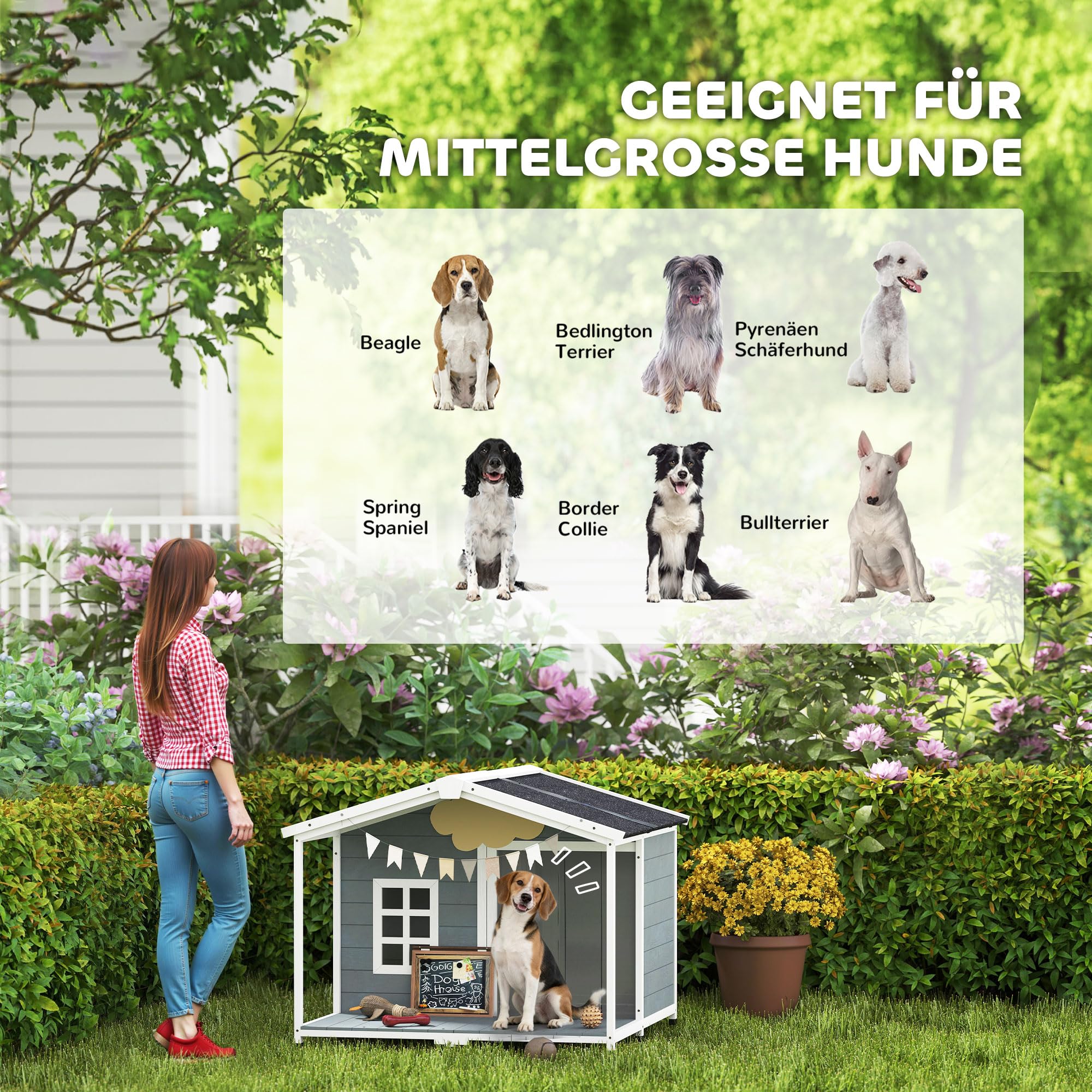 PawHut Buda dla psa z drewna wodoodporna z podwyższoną podstawą 103 x 107 x 83,5 cm, dach bitumiczny, taras, okno, dla średnich psów do 20 kg, szara