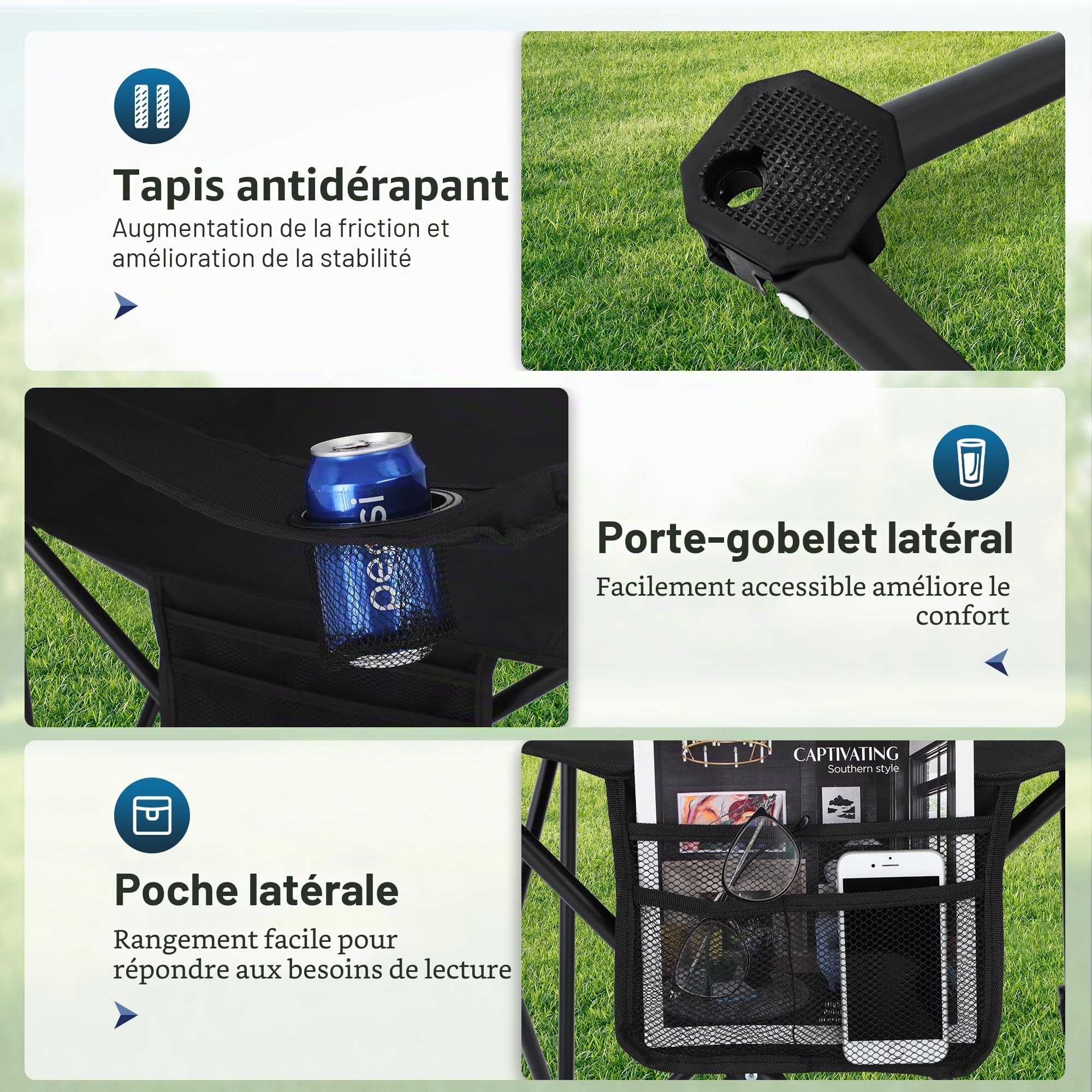 LET'S CAMP Lot de 2 chaises de Camping Pliantes avec Sac Isotherme à 3 bidons - Chaise de Jardin Portable avec Porte-gobelet - Charge maximale : 120 kg - Chaise d'extérieur pour Camping, Plage
