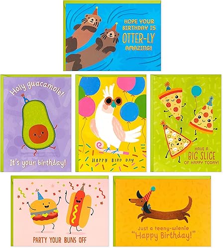 Hallmark Divertidas tarjetas de cumpleaños surtidas (24 tarjetas en blanco con sobres) juegos de palabras de comida, perros, pájaros, nutrias