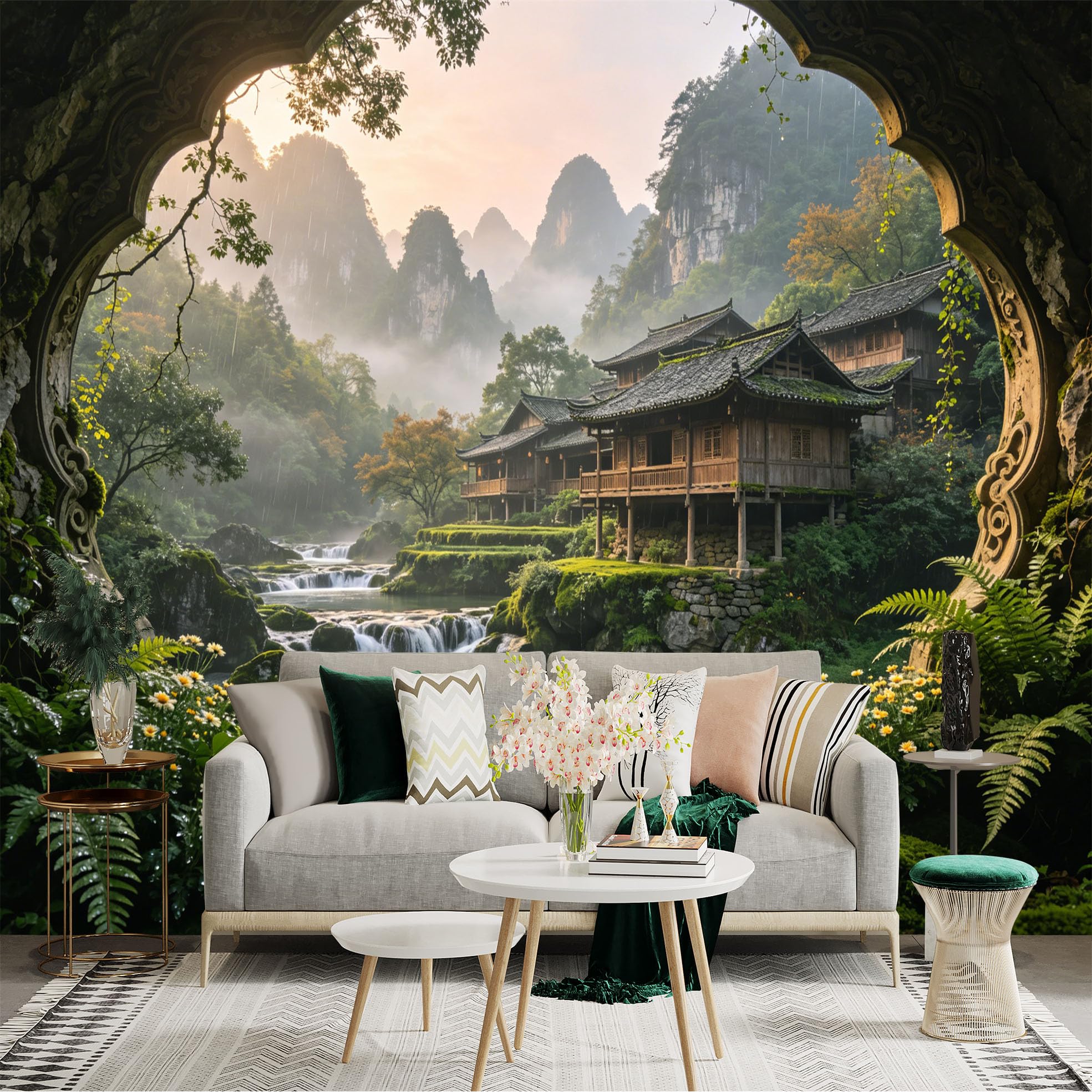 Custom Size Wall Sticker Mural， Traditional Asian Village with Waterfalls and Misty Mountains， for wall Decoration， peelandstick wall Decals.