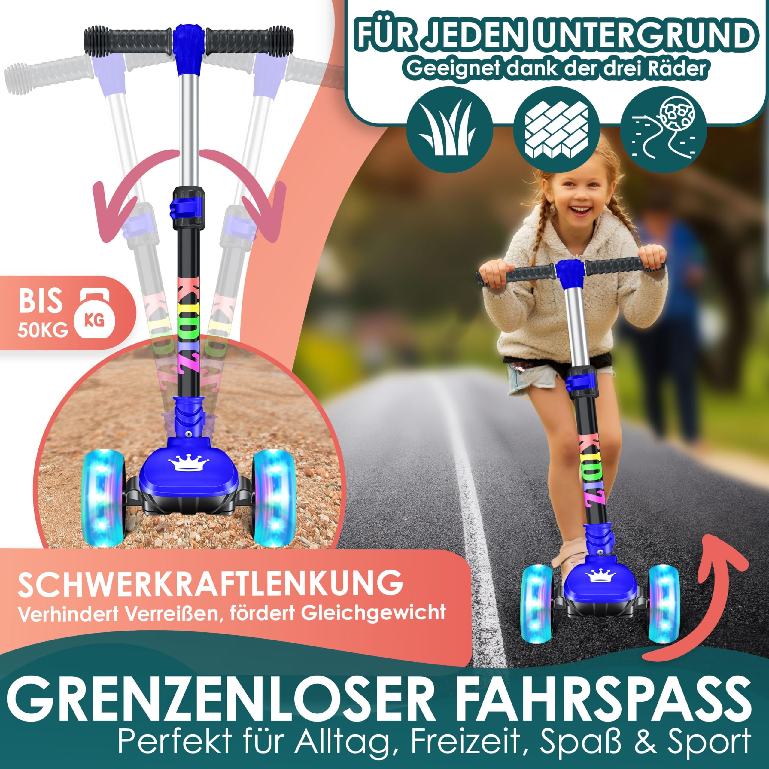 KIDIZ® Scooter Kids Scooter X-Pro2, Patinete de Tres Ruedas con PU LED, Ruedas Luminosas, Patinete de Pedales para niños niñas 3-12 años, Plegable, Regulable en Altura