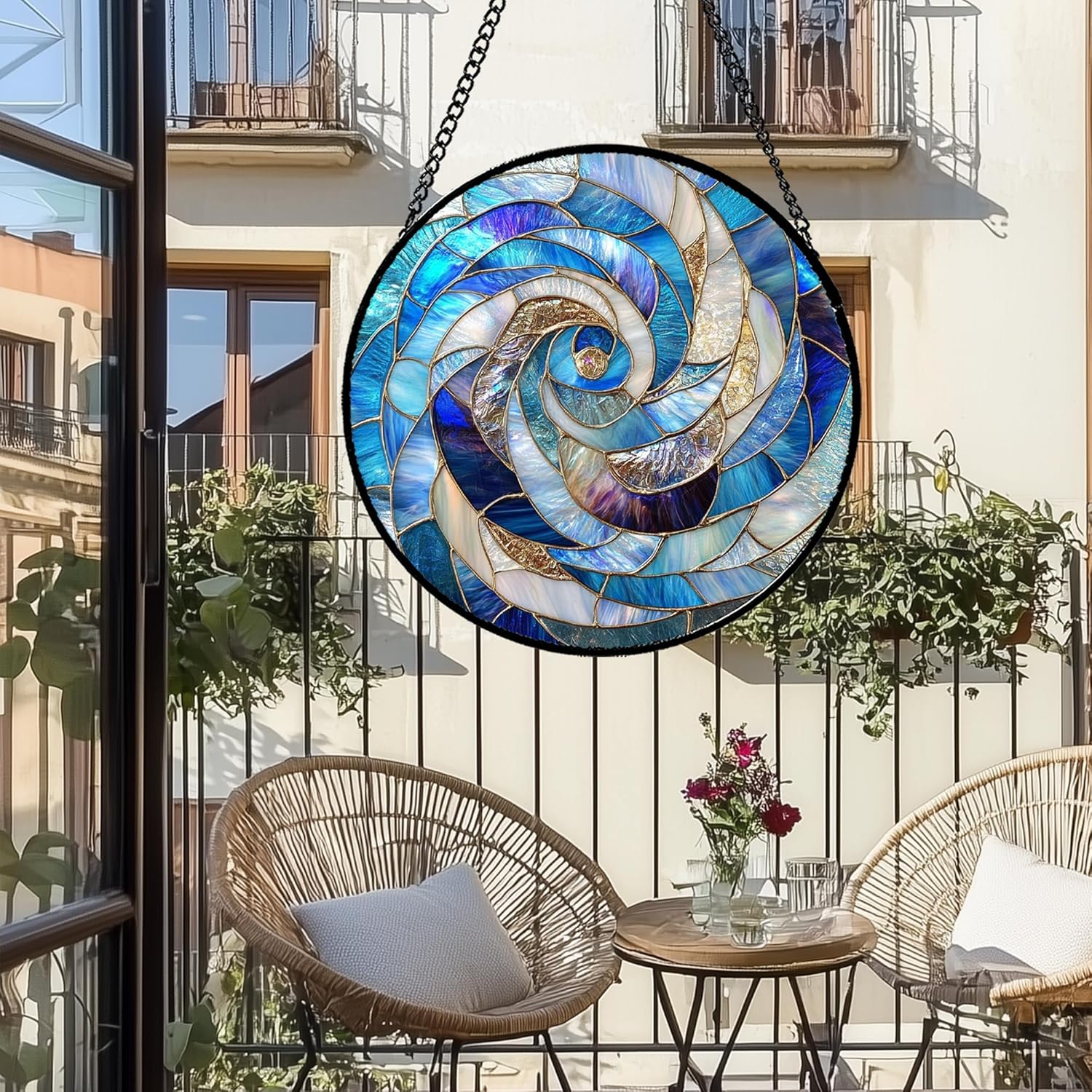Stained Glass Window Hanging Abstract Blue Golden Spiral Large 11.8" - Suncatcher Door Garden Sunroom Sun Catcher Home Decor Housewarming Birthday for Mom Grandma Men Woman