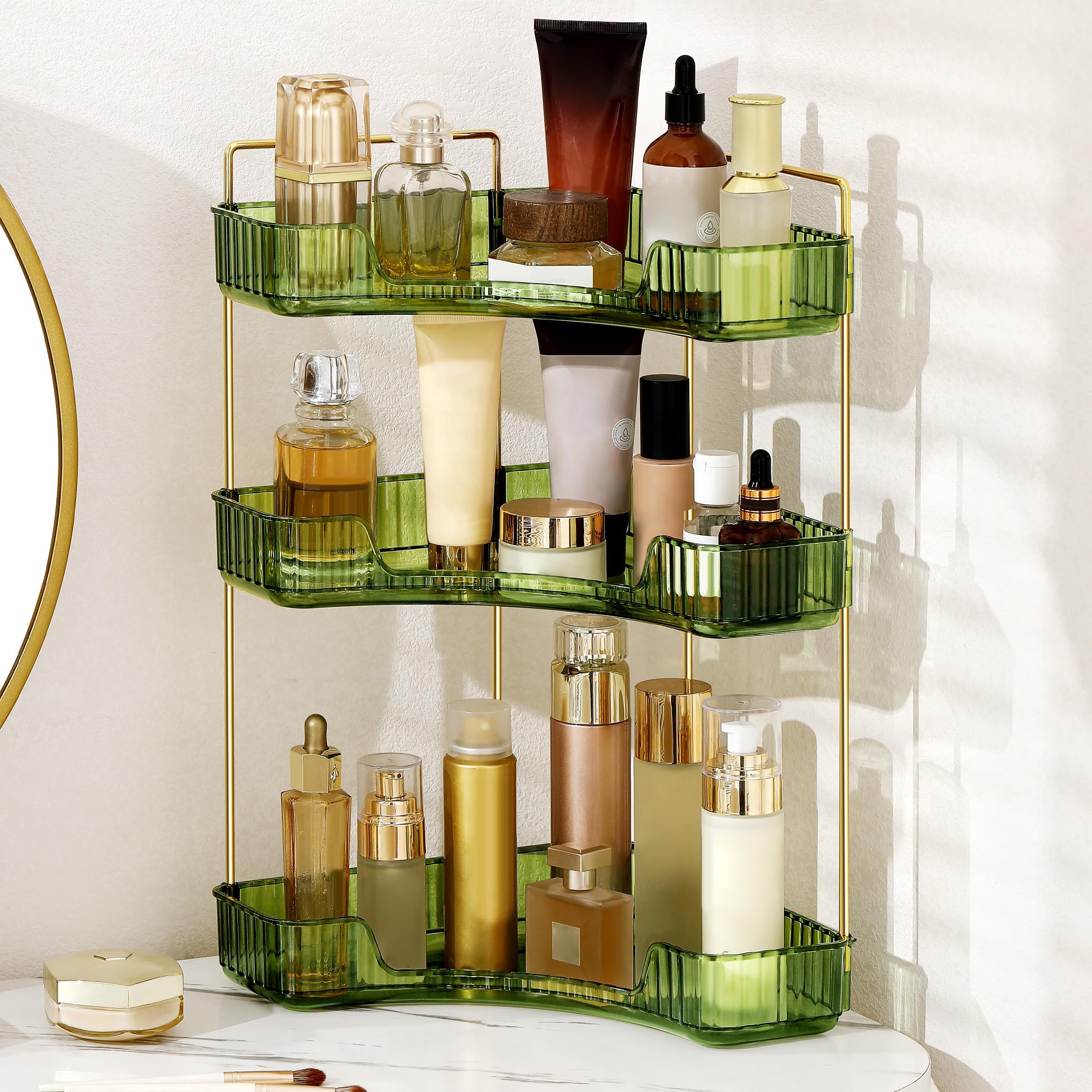 YCIA&DONE Eck-Theke, Badezimmer-Organizer, Arbeitsplatte, 3 Ebenen, Kosmetik-Parfüm-Tablett, Kosmetik-Organizer für Make-up, Hautpflege, transparentes Eckregal für Schlafzimmer, Badezimmer, Küche