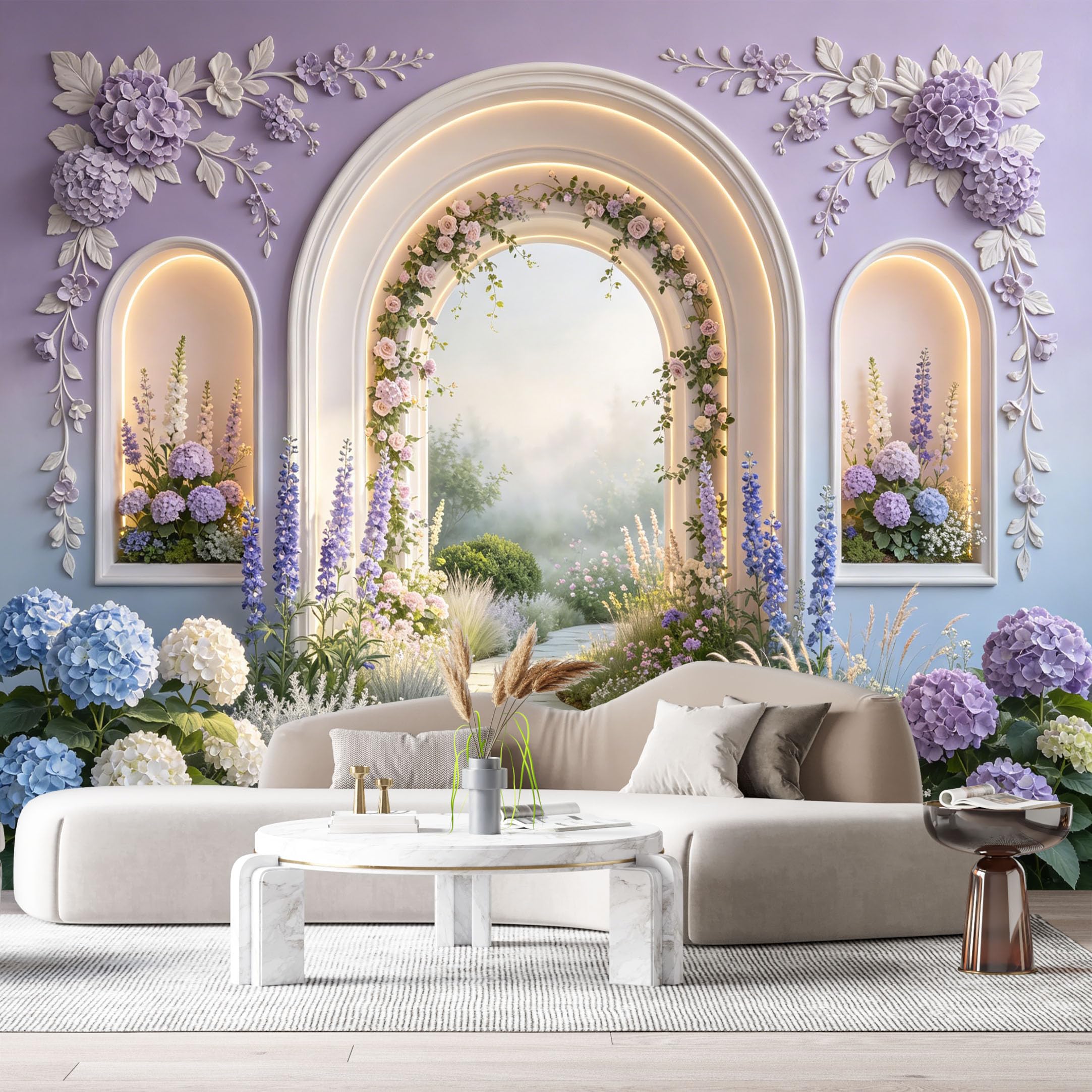 Custom Size Wall Murals Botanical Garden Archway Hydrangea Floral 3D Trompe L'Oeil SelfAdhesiveWall Fabric Removable Wallpaper Wall Decor for Living Room Bedroom Bathroom