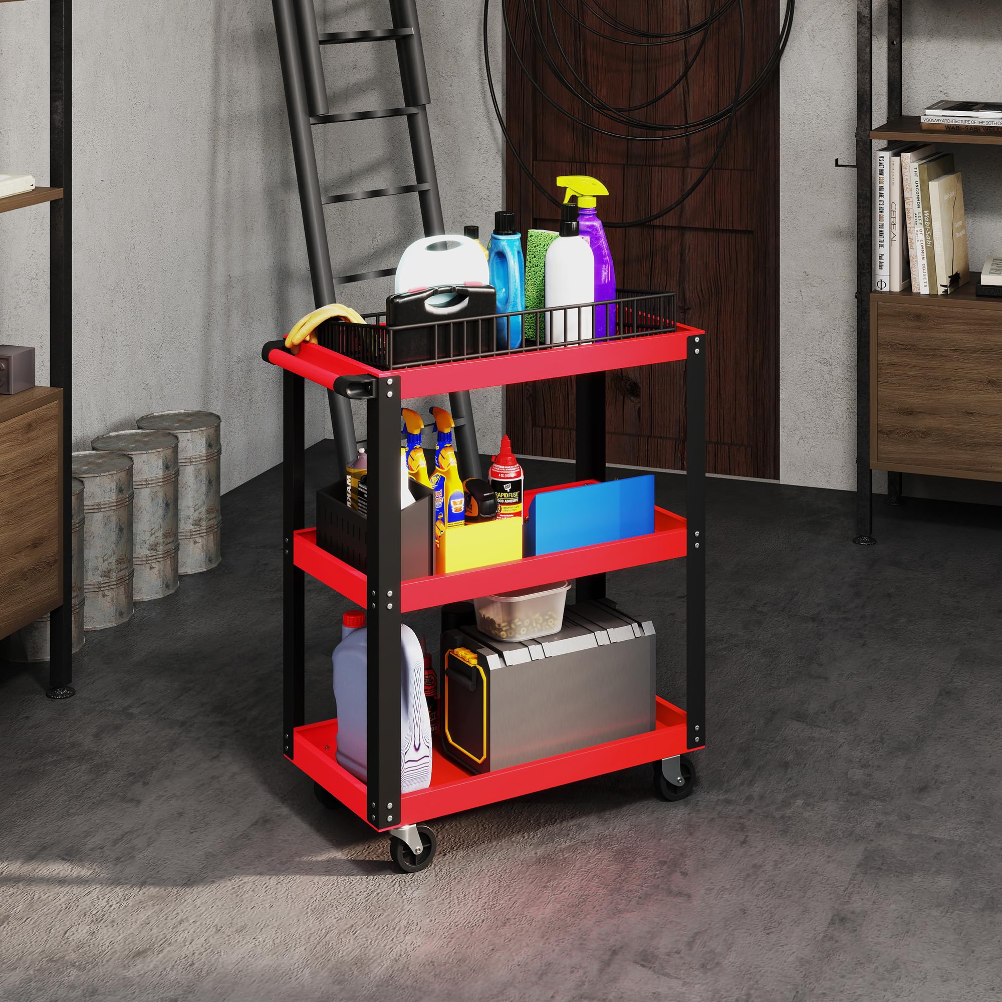 HOMCOM Chariot d'atelier servante Atelier Chariot à Outil à 3 Niveaux, poignée latérale et roulettes verrouillables, pour Garage, entrepôt, Outils de Bricolage, Charge 120 Kg, 70,5x35x82,5cm, Rouge