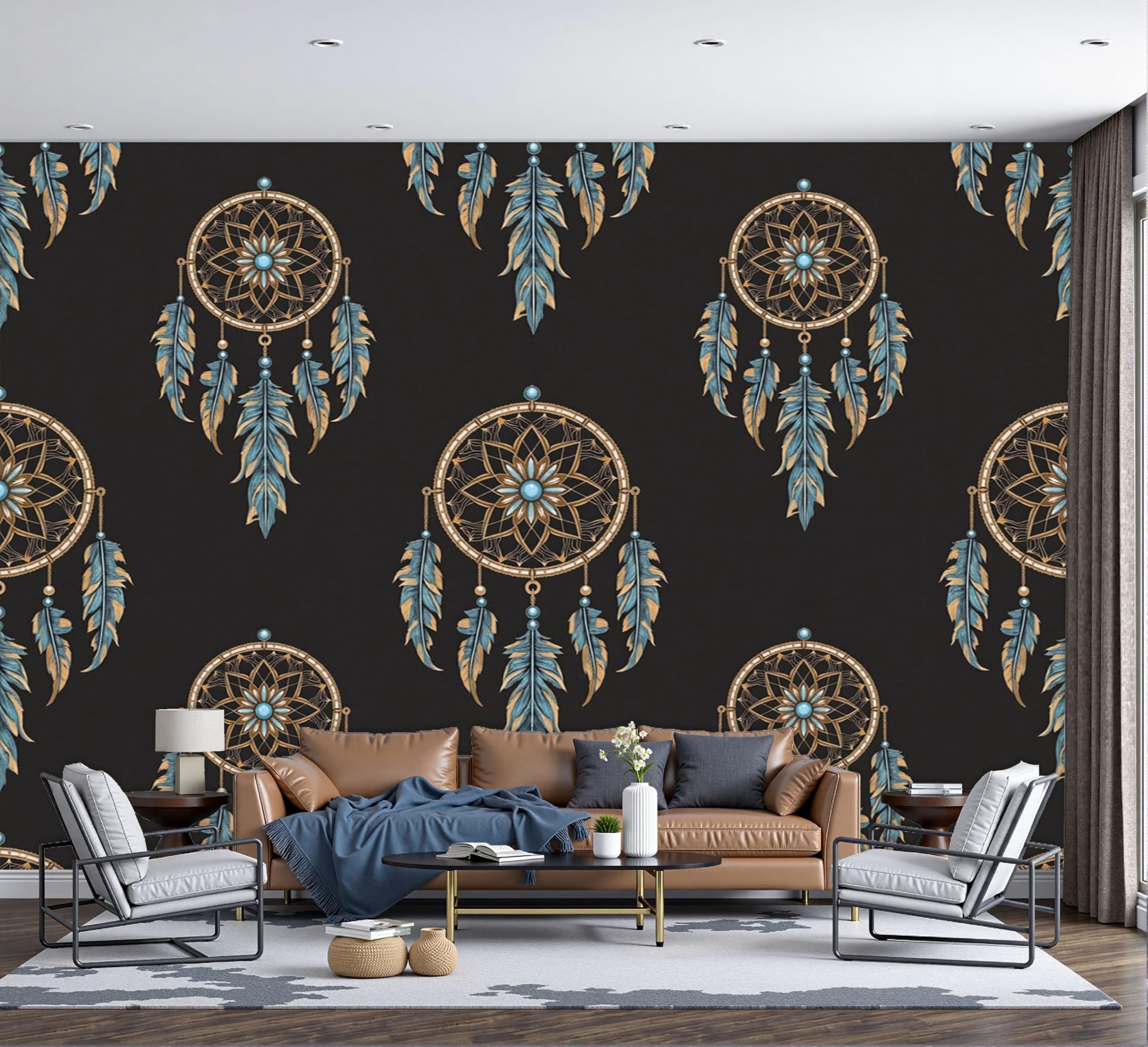 Fototapete Traumfänger Ethnische goldene Luxusfedern Wandtapete Groß Modern Wandbild für Wohnzimmer Schlafzimmer Büro Café 250x175cm(nicht selbstklebend,) Dekorative Tapeten,Non self-adhesive