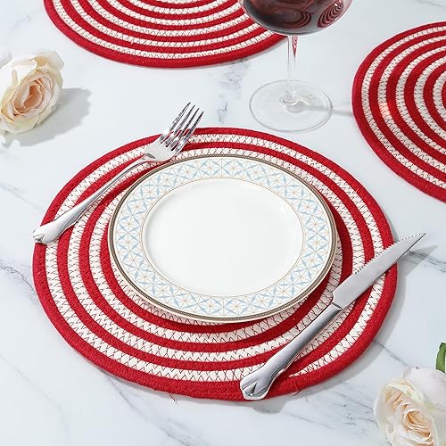 Miniatura 4 de fanquare Juego de 4 manteles individuales redondos con rayas rojas, estilo moderno, cuerda de algodón grueso, trenzada, duraderos, absorbentes, para