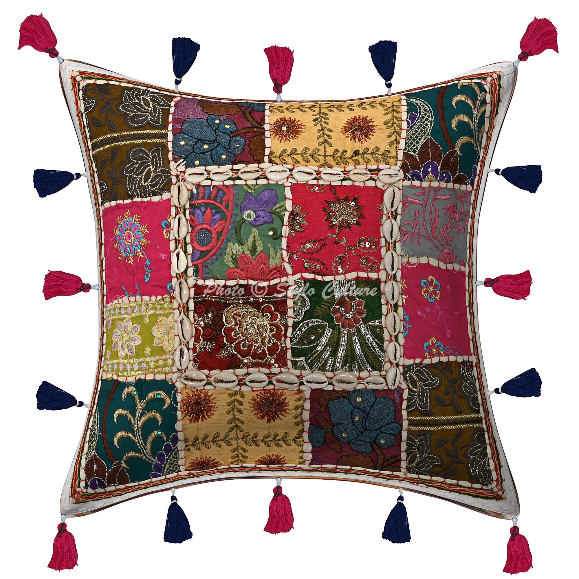 Bohemien Dekorativ Baumwolle Couch Kissenbezüge 40x40 cm Weiß Dekokissen Gesticktes Patchwork Schlafzimmer Sofa Kissen Bezüge Blumen Quadrat Umschlagverschluss Kissenhullen - 4 STK.
