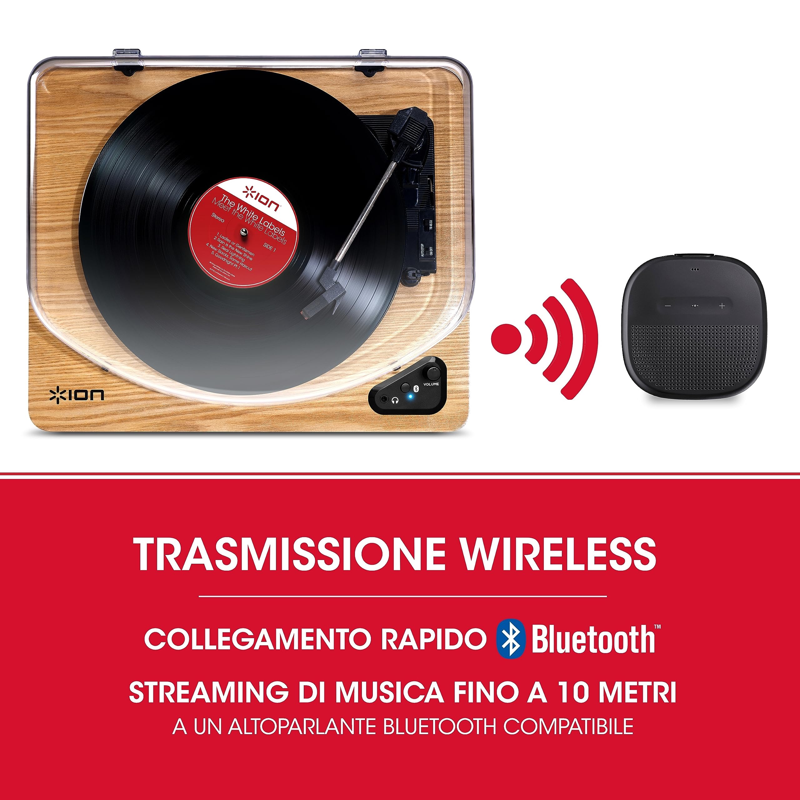 ION Audio Air LP Wood - Giradischi Vinili Bluetooth a Tre Velocità con Software di Conversione USB - Finitura in Legno Anticato