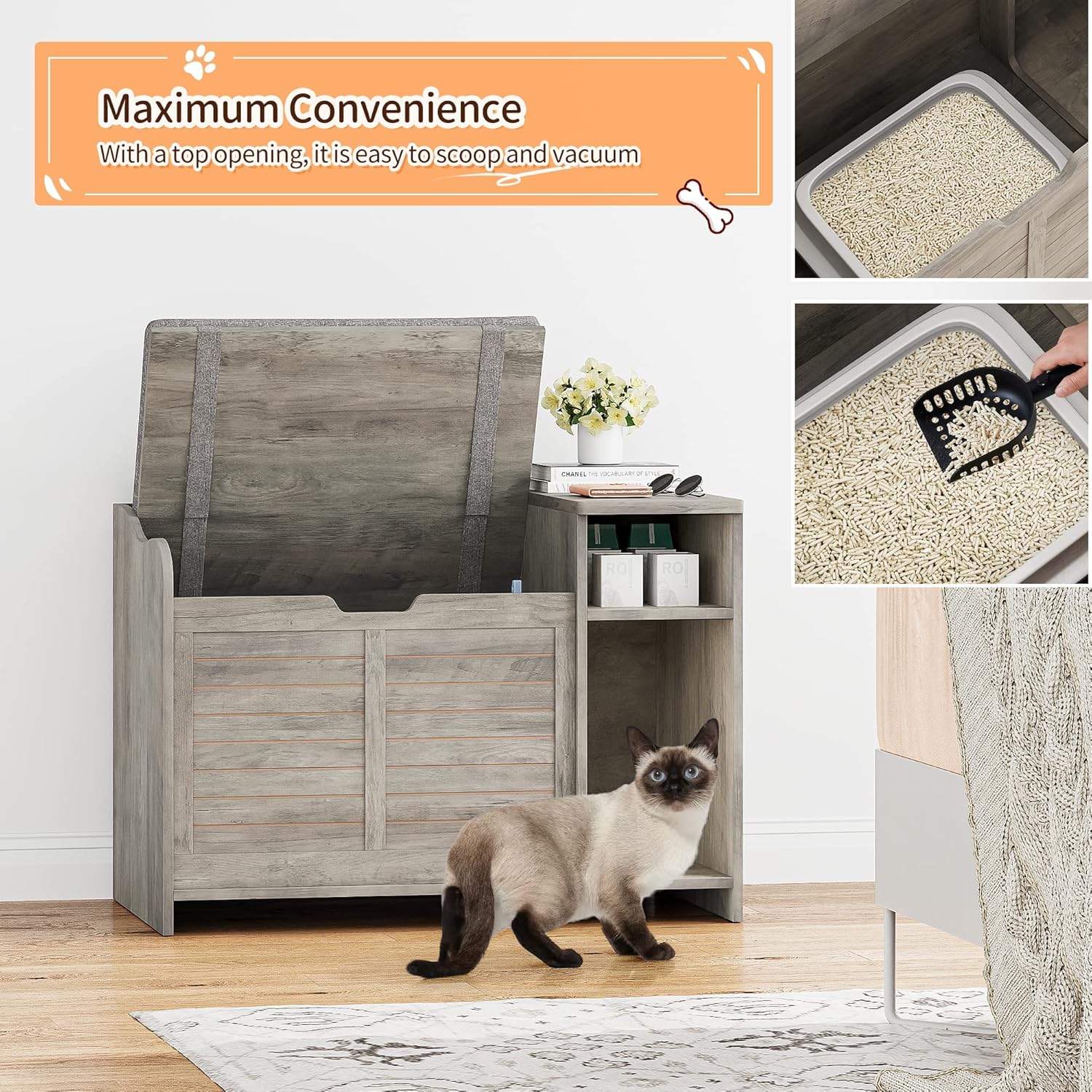 TROPOW Cat Litter Box Enclosure with Top Opening and Cushion, Hidden Litter Box Cabinet Furniture with Storage,23" L x 19" W x 16" H,Grey
