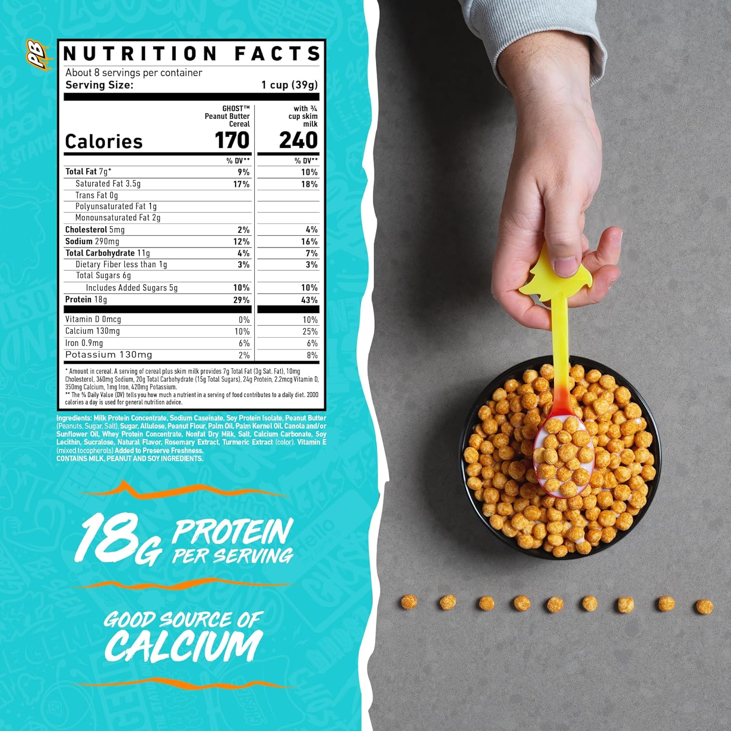 GHOST Protein Cereal, Peanut Butter Flavor (3-Pack) - Crunchy Peanut Butter Cereal Puffs - 18G Protein, Good Source of Calcium - Breakfast Cereal & Snack - 10.8oz Box with Spoon Included