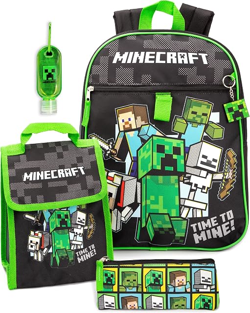 Minecraft Backpack & Lunch Box Kids | 5 Piece Creeper Steve Zombie School Rucksack, Lunch Bag, Pencil Case, Keyring & Dispenser | Gamer Merchandise