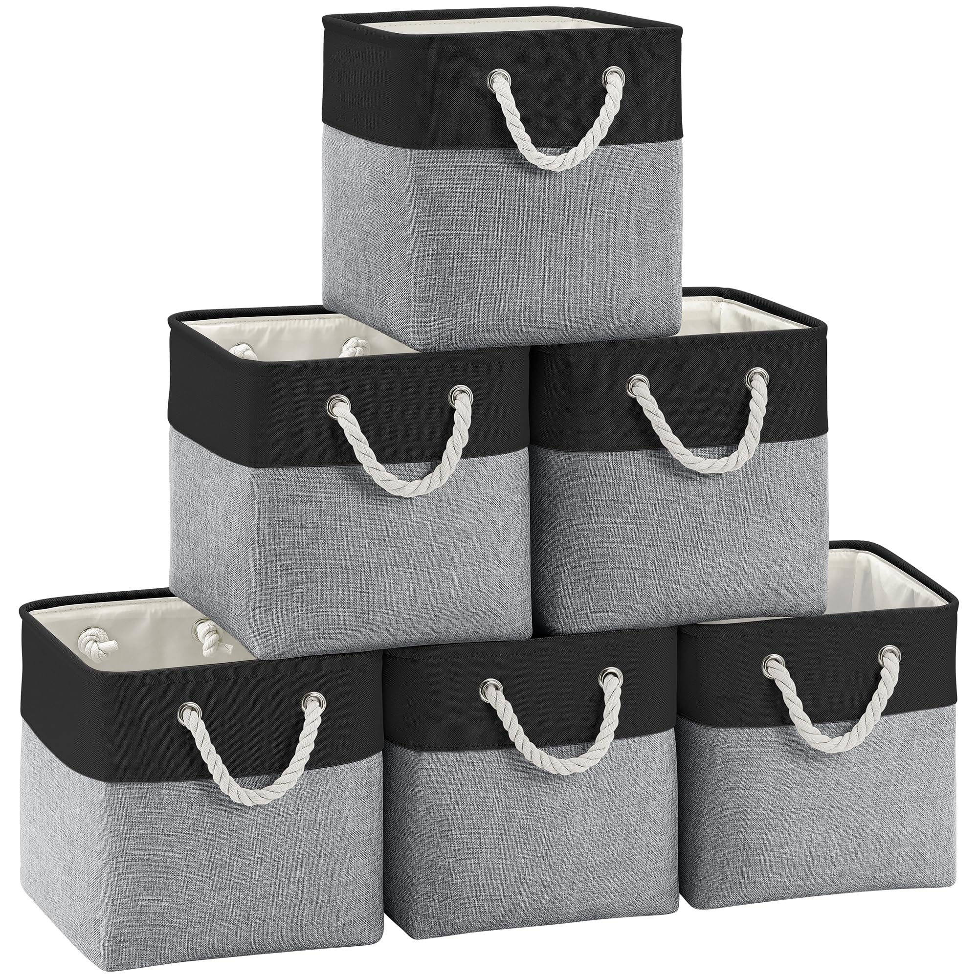 FinishingBo Fabric Cubes Storage Basket, 6 Pack 11x11 in with Handles Cube Storage Bins, for Shelves, Home, Office Organizers (Black/ Gray)