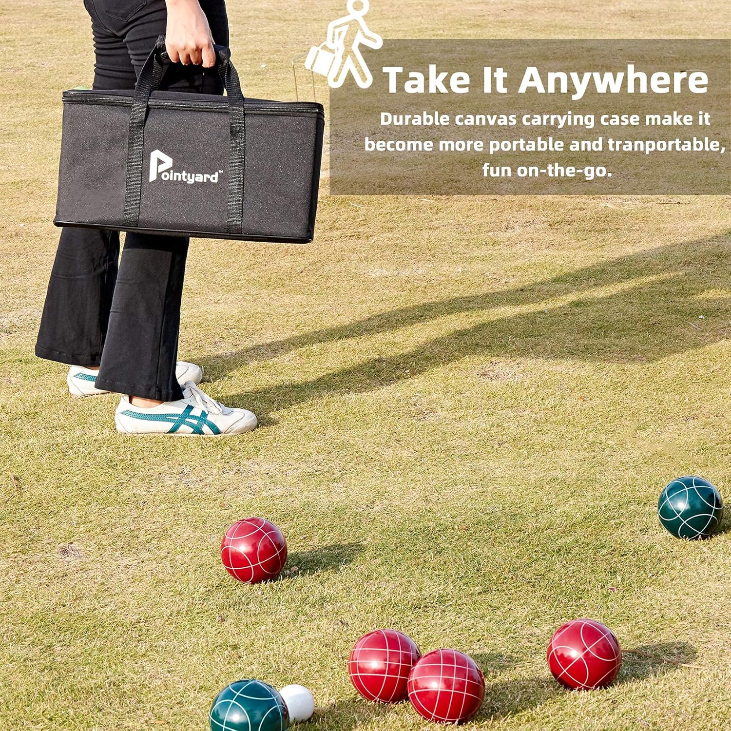 Pointyard Bocce Ball Set, 90mm Classic Bocce Ball Set with 8 Resin Bocce Balls/1 Pallino/Nylon Zippered Bag/Measuring Tape - Outdoor Family Games for Backyard/Lawn/Beach (Red & Green) : Sports & Outdoors