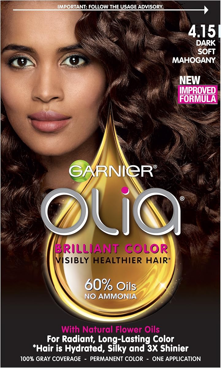 Color de cabello permanente con aceite de oliva Garnier, caoba suave oscura 4.15