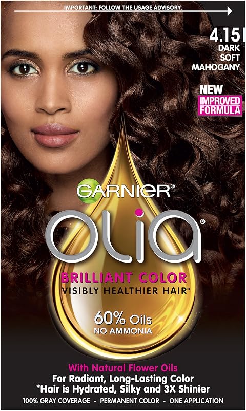 Color de cabello permanente con aceite de oliva Garnier, caoba suave oscura 4.15