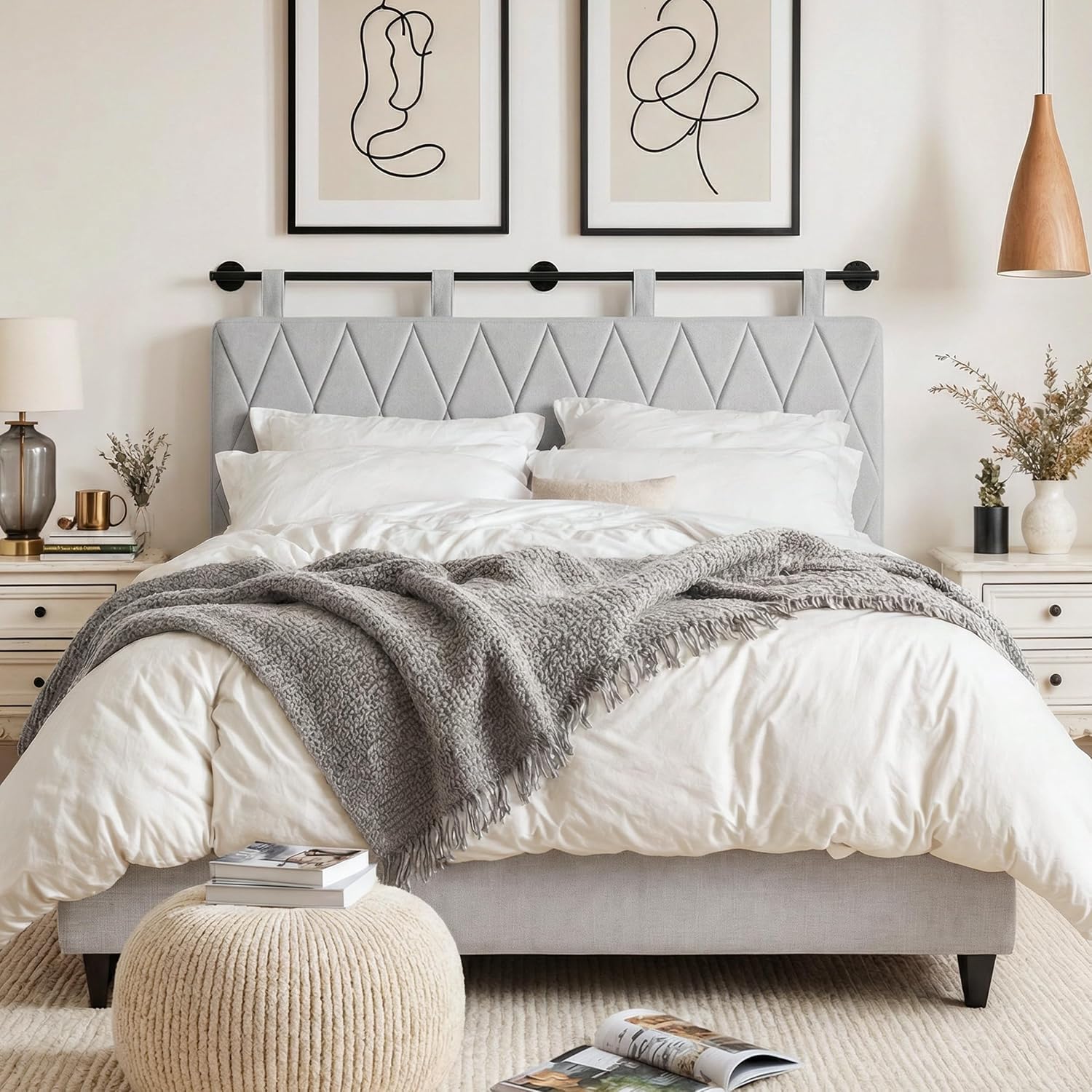 Anbuy Queen Headboard Only, 63" Wall Mounted Soft Fabric Bed Headboard, Modern Diamond Pattern, Elegant Upholstered Headboard for Bedroom, Resturant (Gray, Queen Size)