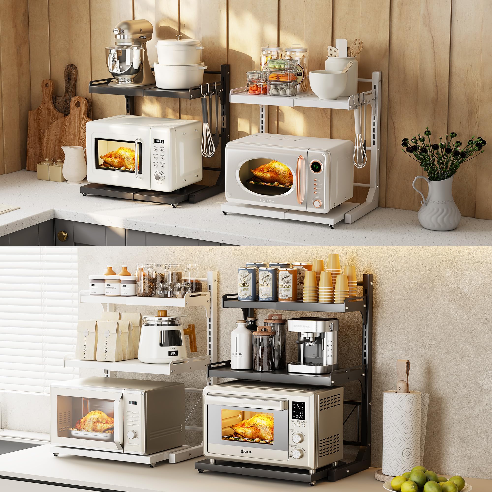 ABCOOL Rack retrattile per forno a microonde estraibile a scatto per cucina, panettiere, organizer portaoggetti 2 assiali espandibili e regolabili in altezza in acciaio al carbonio piano di lavoro con