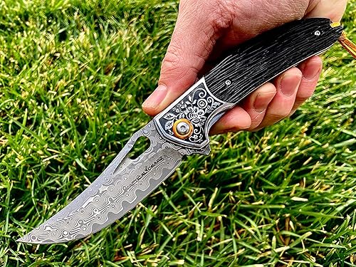 Miniatura 5 de Cuchillo de bolsillo EDC de hoja de acero de Damasco. Mango de ébanoacero inoxidable. Incluye funda de cuero cosido personalizado (Veltos XT)