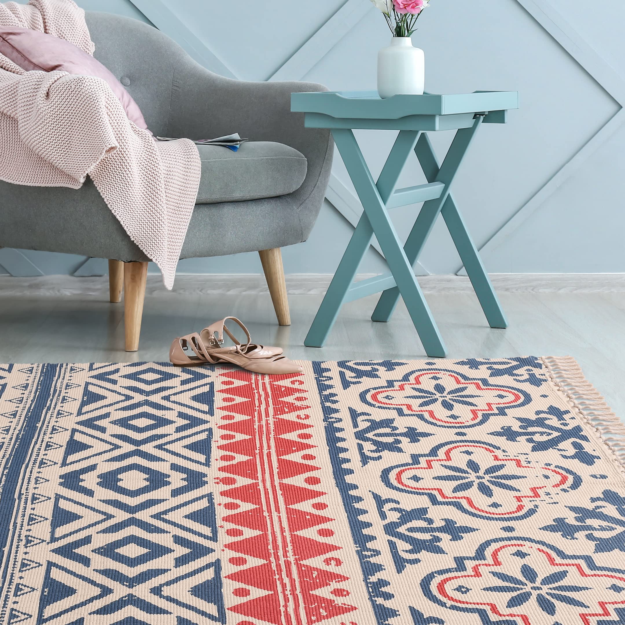 Urban Space 100% Cotton Tufted Carpet for Living Room, Dhurrie Floor Carpet, Thick Bohemian Printed Rug for Bedroom with Tassels (3 ft x 5 ft, CPRugs009)-image-18