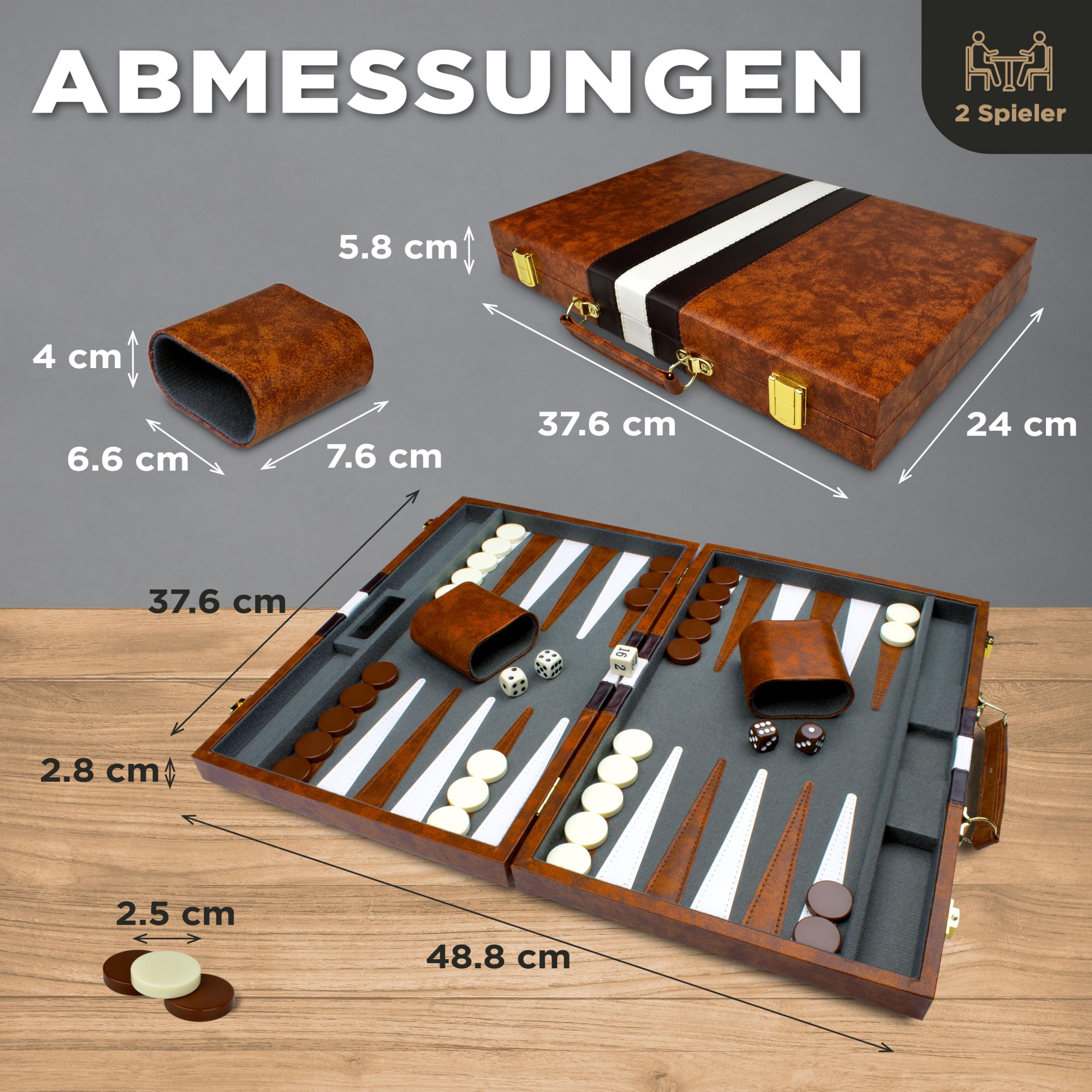 Große Backgammon-Sets für Erwachsene – Klassische Brettspiele für 2 Spieler, Erwachsene und Kinder – Premium Backgammon-Set mit 38 cm Spielbrett in hochwertigem PU-Leder-Etui