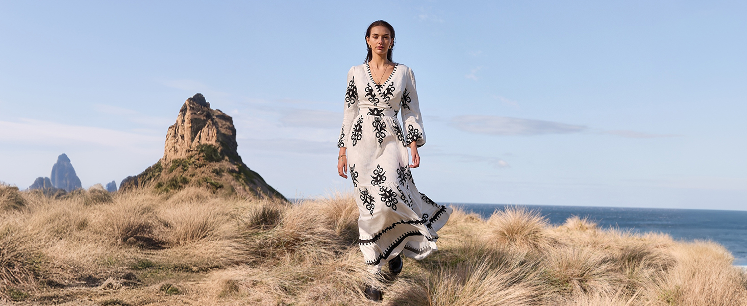 long white lace beach dress Boho Lace Beach Maxi Dress – White & Black Ankle-Length Summer Dress in White | Women's Boho Fashion | S