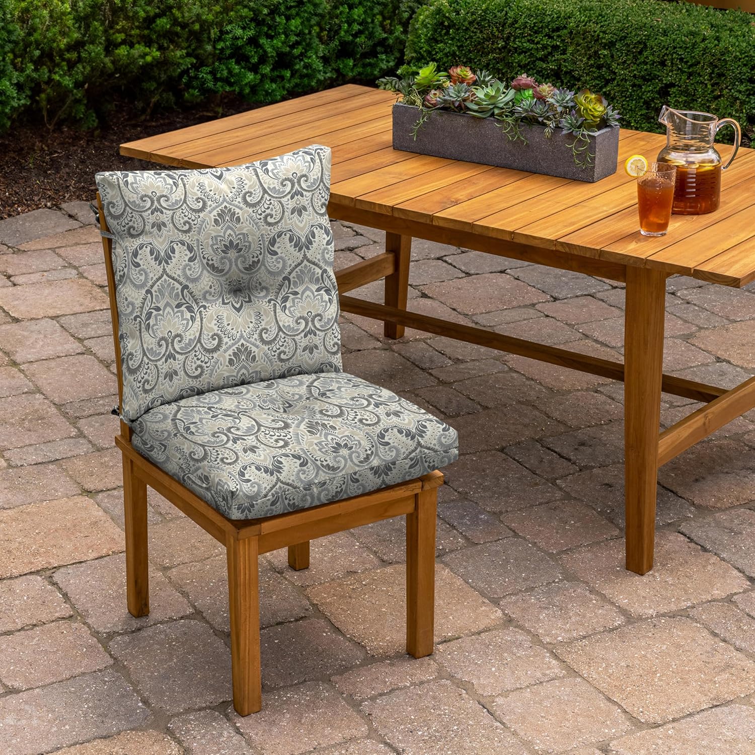 arden outdoor plush modern tufted blowfill dining chair cushion, 21 x 40, water repellent, fade resistant, tufted cushion for dining and bistro chairs, neutral aurora damask 19 x 21 modern tufted midback cushion neutral aurora damask