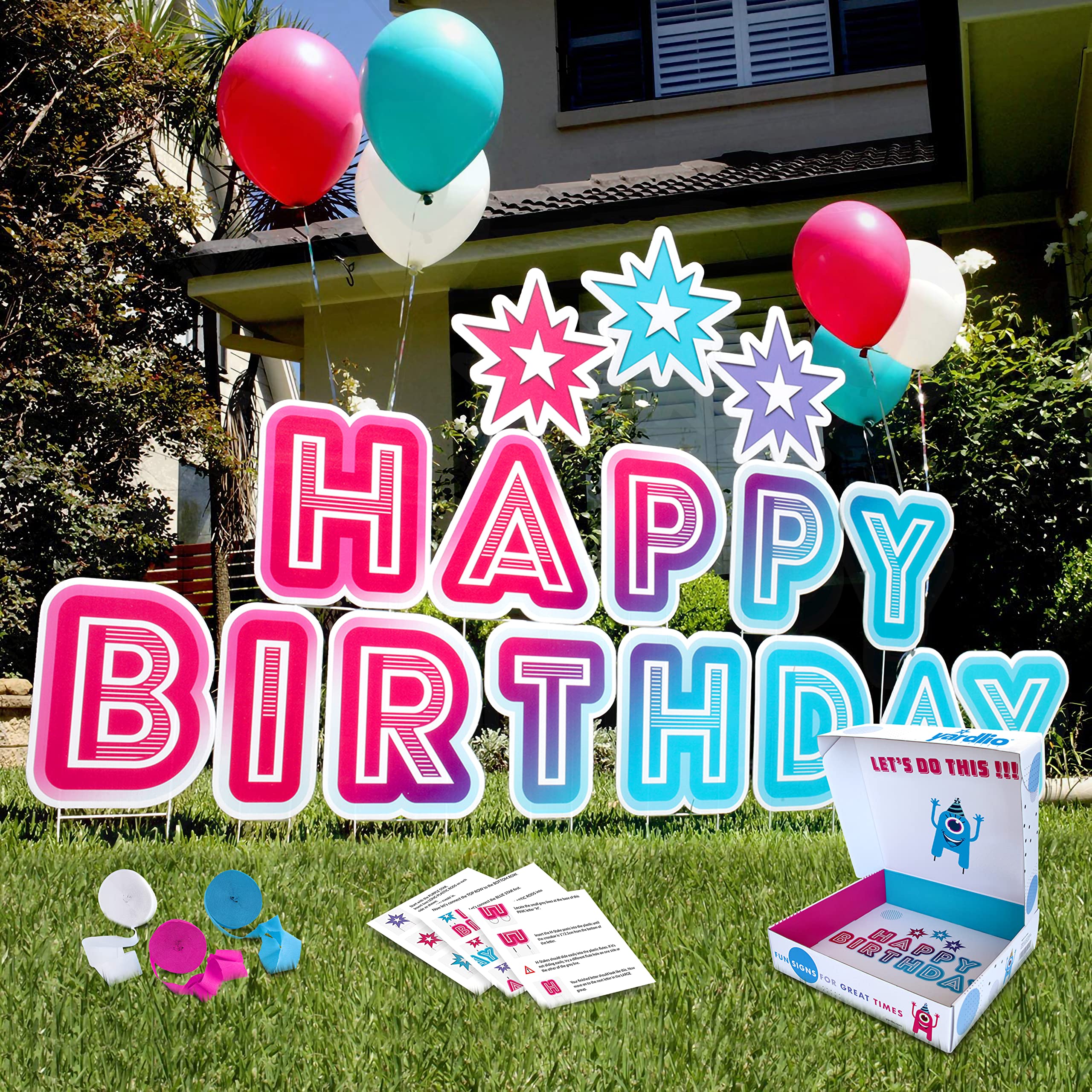 Yardilio 'Happy Birthday' znak ogrodowy - nie blaknie ani nie łuszczy się baner urodzinowy 3 w 1 - żywy kolor, odporny na warunki atmosferyczne i wielokrotnego użytku - trwałe słupki ze stali
