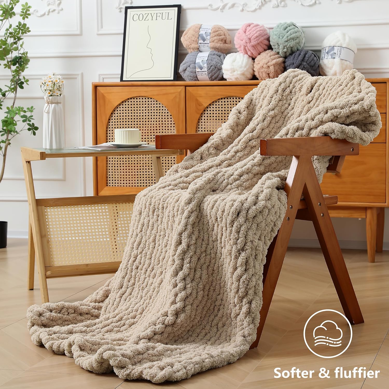 Cozyful Chunky Yarn for Hand Knitting - #10 Chunky Chenille Yarn, Jumbo Big Thick Chunky Yarns for Crocheting, Super Bulky Chunky Knit Blanket Yarns, 8 Skein (22 yds 8 oz Each Skein), Khaki thumbnail
