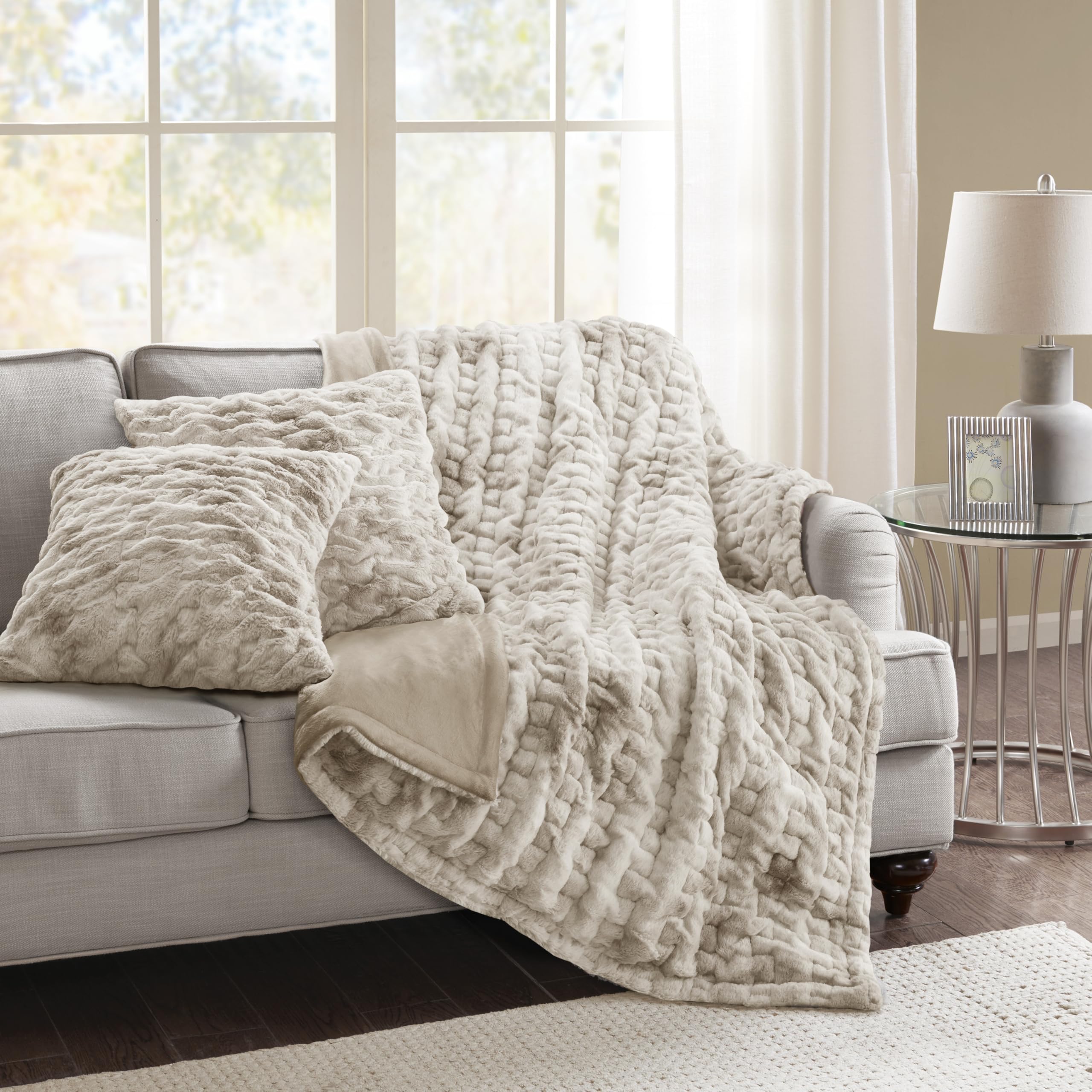 Comfort Spaces Ruched Faux Fur Plush Throw Blanket and Pillow Set with 2 Matching Square Pillow Covers Sofa Throw Blanket for Living Room, Chair, Couch, Home Office Fuzzy Soft Tan Tie Dye 50"x 60"