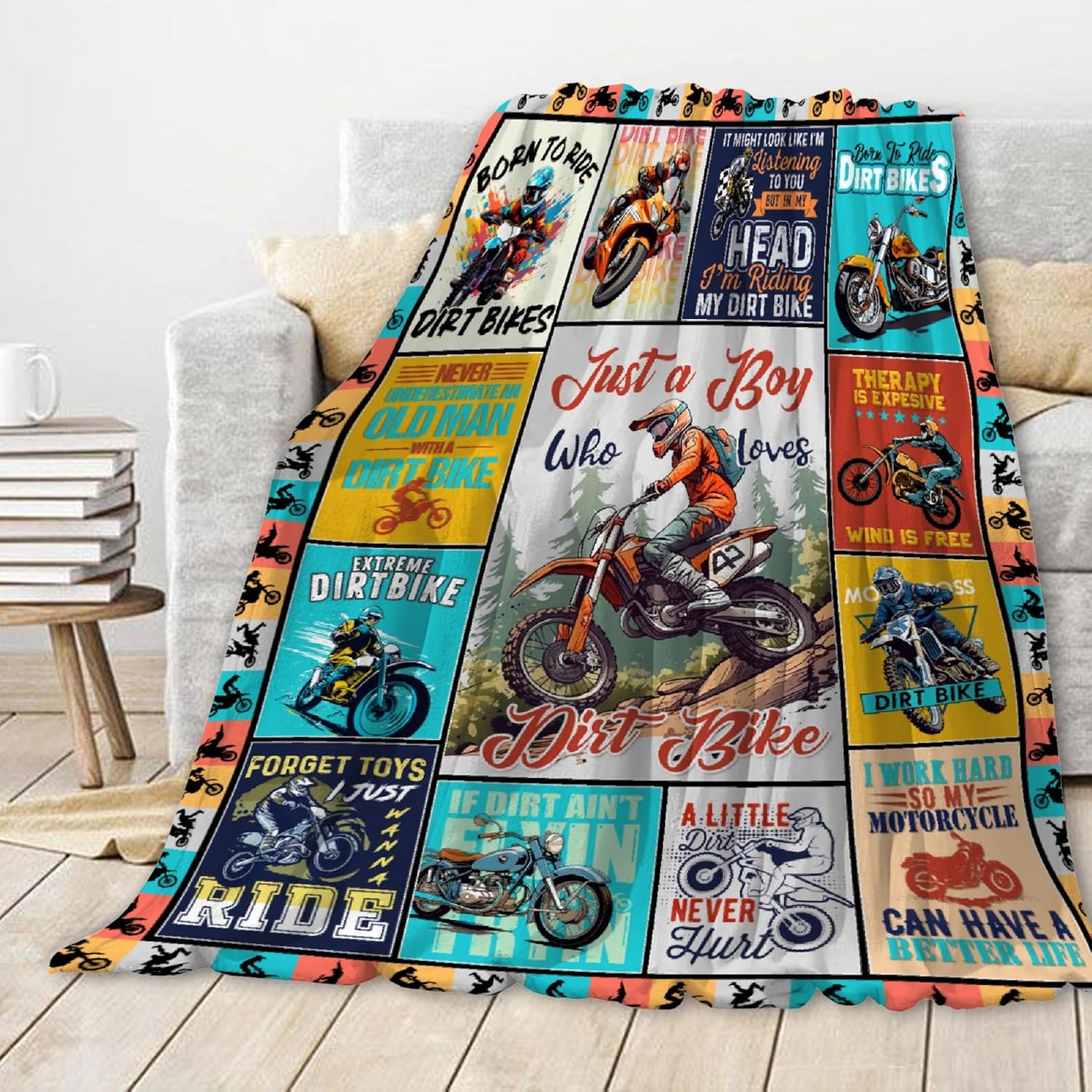 Dirt Bikes Throw Blanket,Gift for Motocross Rider,Just a Boy Who Loves Dirt Bikes Flannel Blanket for Boys Kids Teens,Motorcycle Blanket for Bed,Camping,Travel,60"x80"-Queen Size for Adults