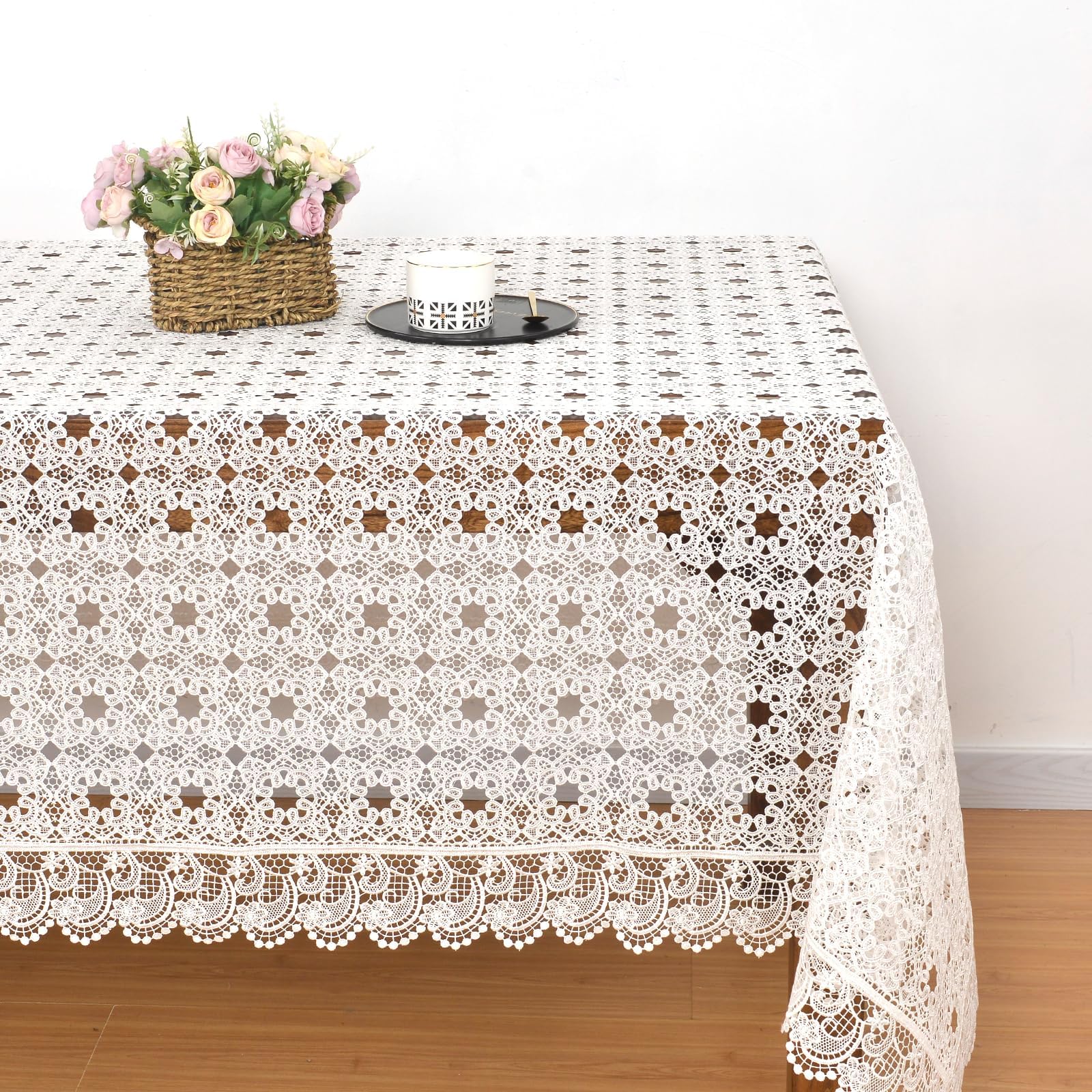 LIN TONG Tablecloth, Embroidered Lace Tablecloth with Flowers, Vintage Crochet Farmhouse Tablecloth for Kitchen Party Festival Home Decoration, White 72X90