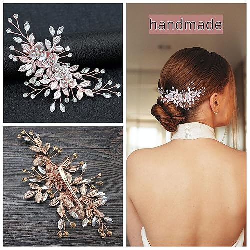 Miniatura 8 de Peine para el cabello de novia de boda, cuentas de hojas, piezas de pelo de novia hechas a mano con diamantes de imitación para niña, accesorios