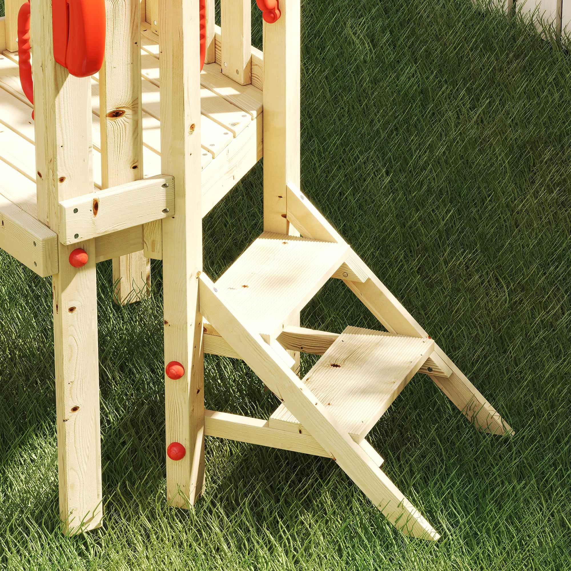 Outsunny Columpio y Tobogán Infantil, 5 en 1, Parque Infantil Exterior de Madera con Columpio, Tobogán, Volante, Bocina, Teléfono, para Niños de 18-48 Meses, para Patio, Césped, Rojo