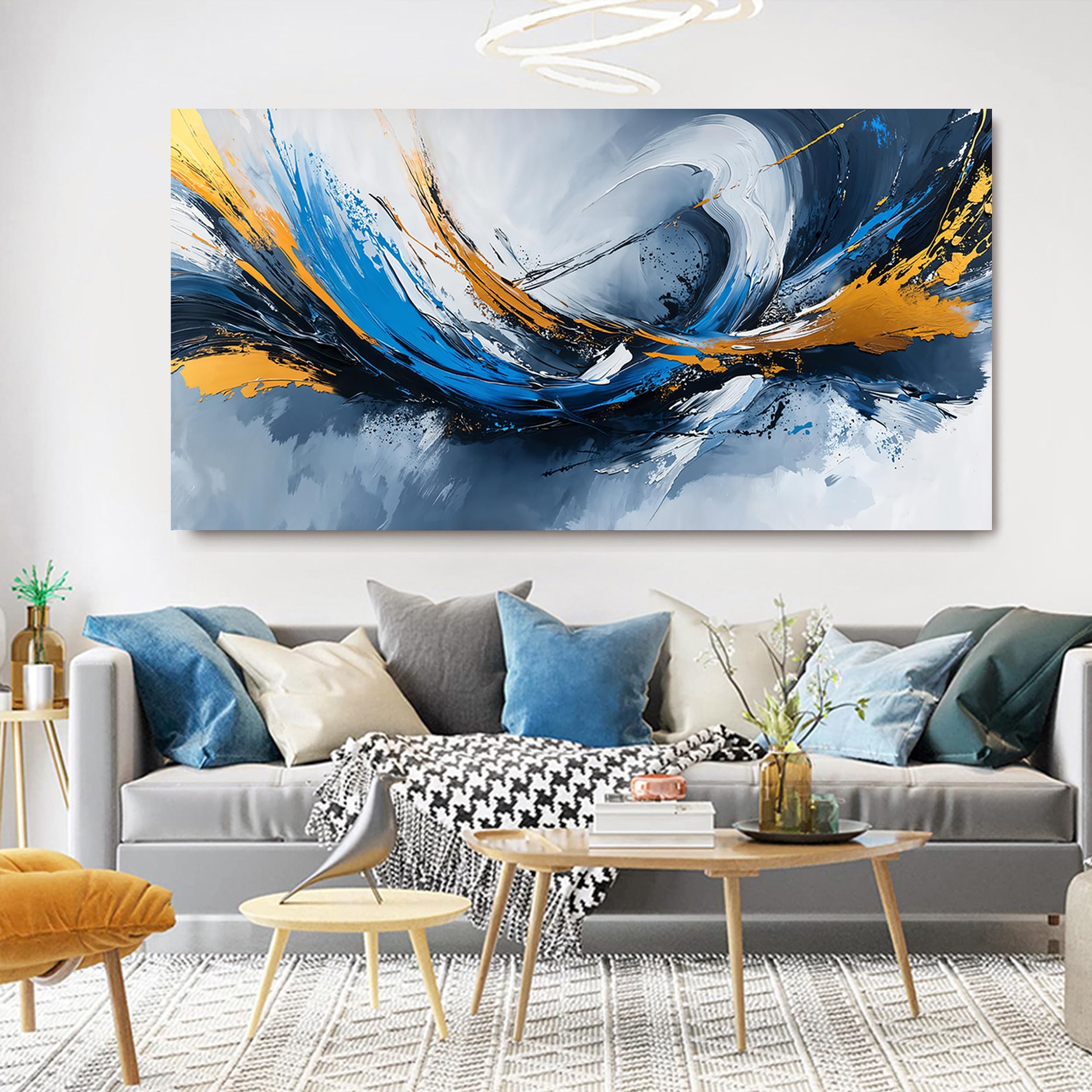 Aefouu Inner Frame Canvas Prints Modern Abstract Wall Art For Living Room Decor Gold And Blue Abstract Art Wall Decorations Picture Artwork(70X140cm/28X55in/Internal Frame)