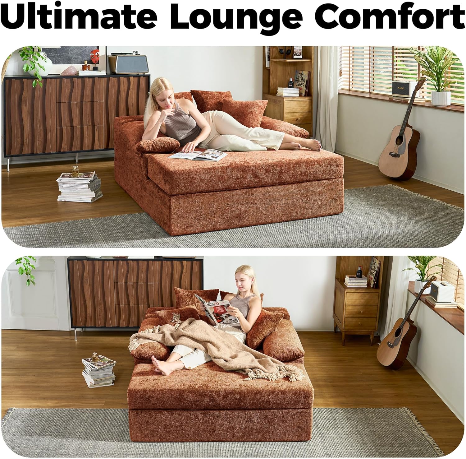 68" Chaise Lounge Chair Indoor, Oversized Chenille Upholstered Boneless Sofa Bed, Deep Seat Sleeper Couch Reading Chairs, Cloud Sofas Couches with Armrests and 4 Pillows for Living Room, No Assembly