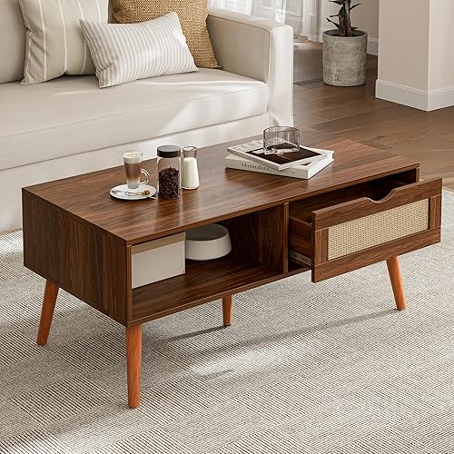 Miniatura 8 de Mesa de café de madera con almacenamiento, mesa de comedor bohemia con panel de puerta deslizante de ratán y patas de madera maciza, mesas de café