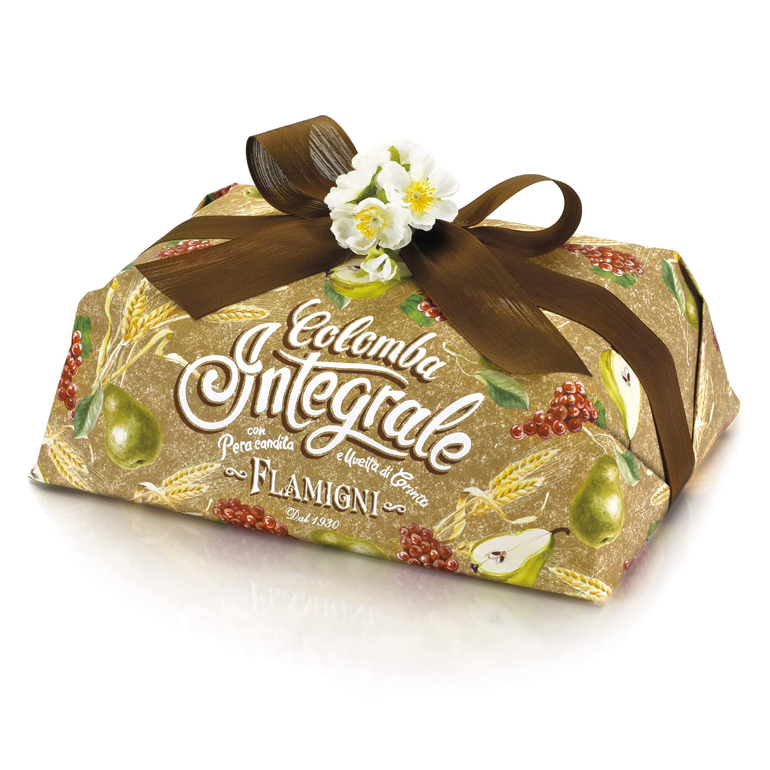 FLAMIGNI Whole Easter Colomba 1 Kg, Special Recipe, Artisan Dessert, with Cubes of Semi Candied Williams Pear and Greek Corinth Raisins, Without Candied Citrus Fruits, Made in Italy