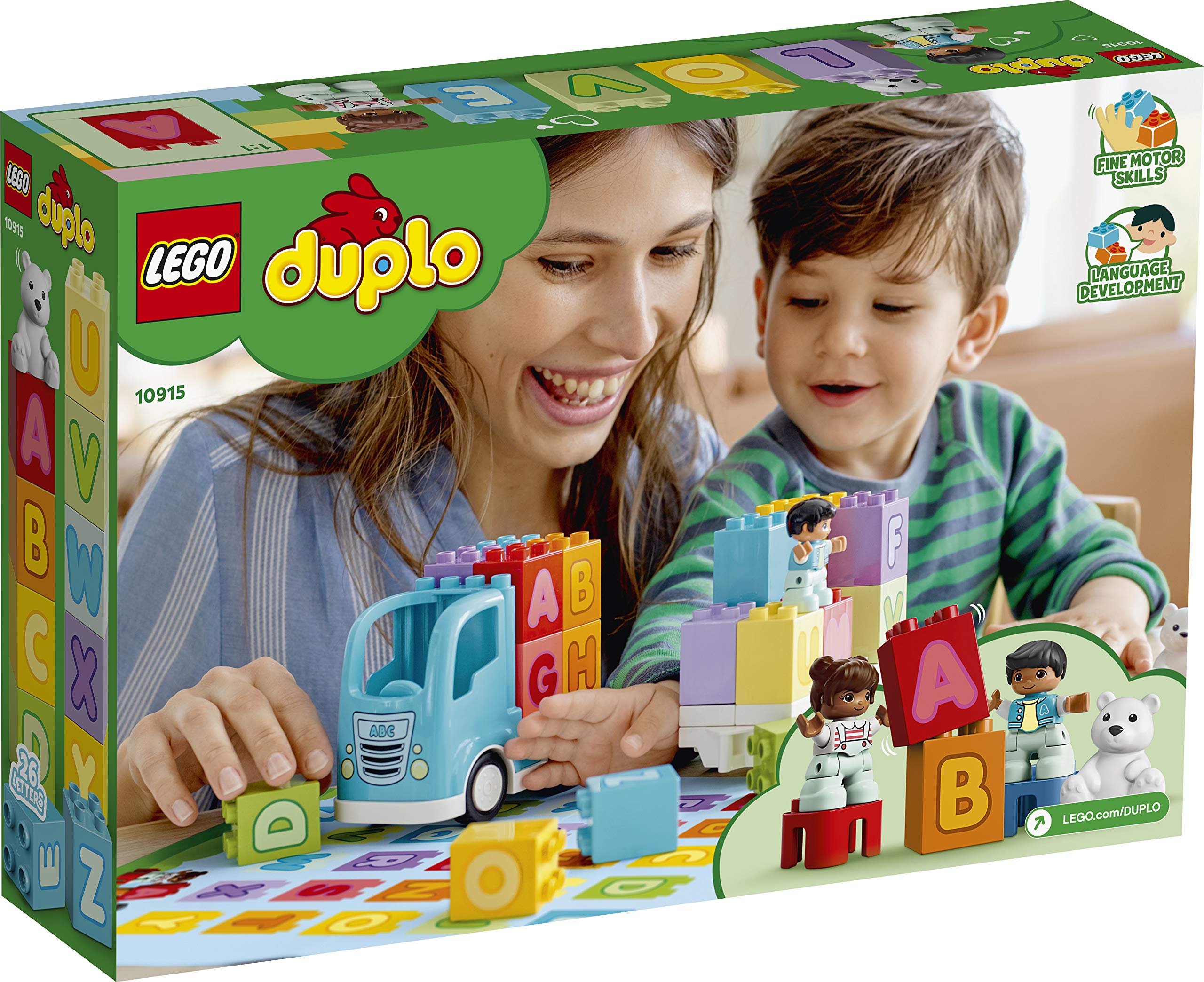 LEGO DUPLO Pierwsze klocki: Ciężarówka z alfabetem 10915 — nauka pierwszych liter dla małych dzieci, wesoła zabawka edukacyjna do budowania (36 elementów)