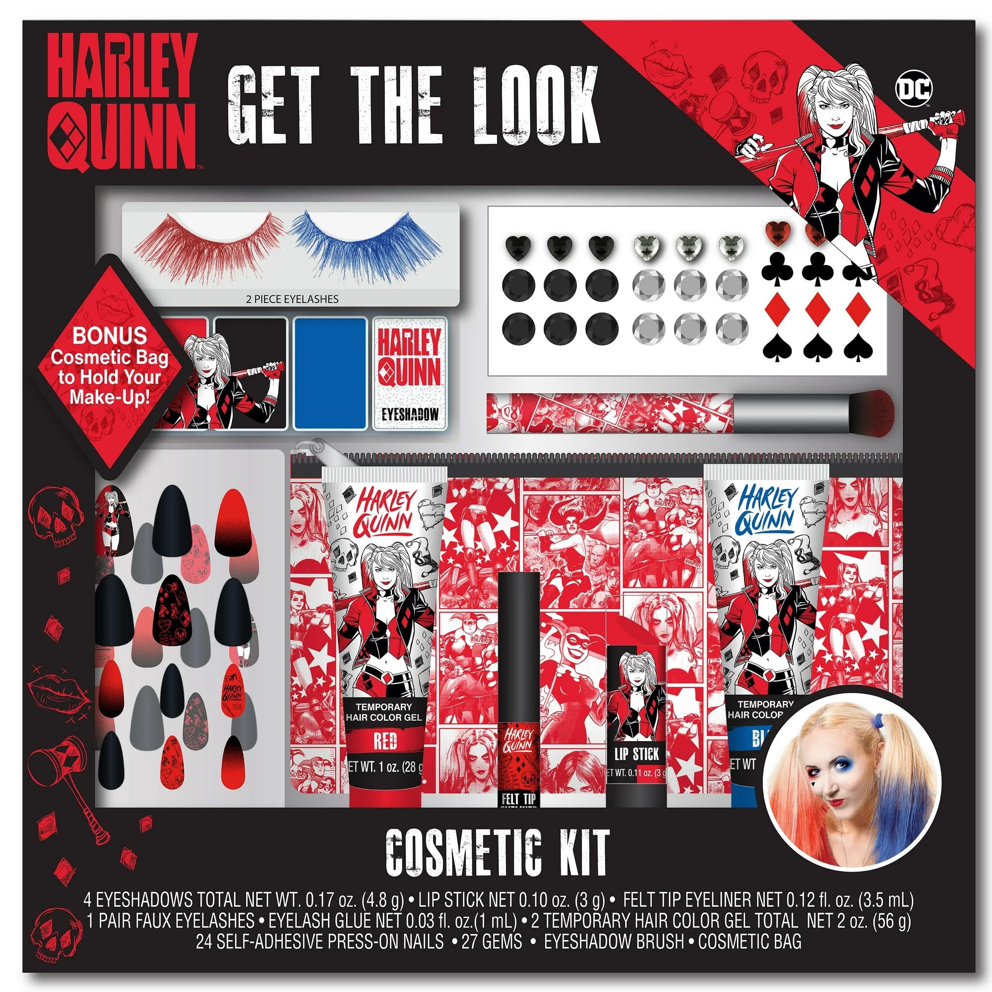 DC Comics Get the Look Cosmetic Set Harley Quinn, 37 pieces Costume Makeup Harlequin Halloween (Harley Quinn)