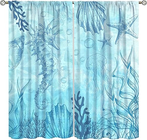 Miniatura 15 de Cortinas opacas con diseño de animales marinos, acuarela, ancla náutica, estrellas de mar, medusas, faro, caballito de mar, animales marinos,