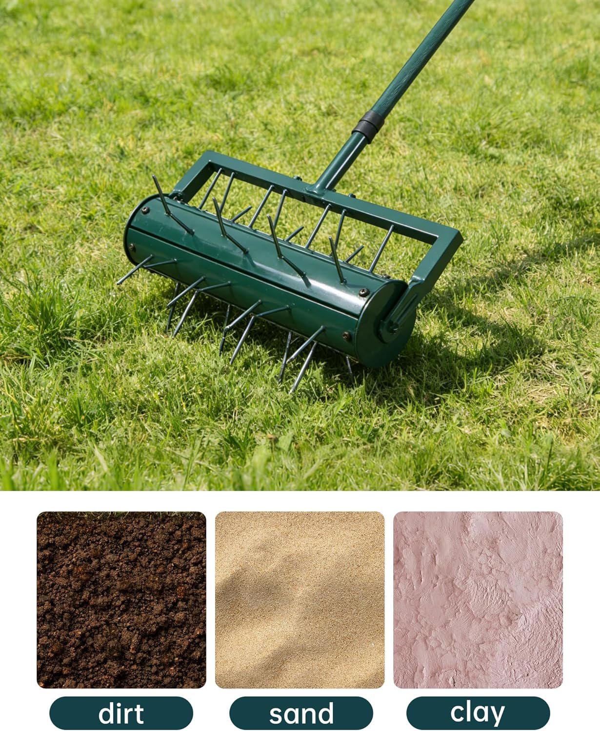 Rolling Lawn Aerator Tool, 16 Inch Heavy Duty Lawn Aerator Roller with 39 Spikes, Manual Lawn Spike Aerators with 74'' Adjustable Handle, Soil Penetrator Push Aerator for Lawn Garden Yard Patio