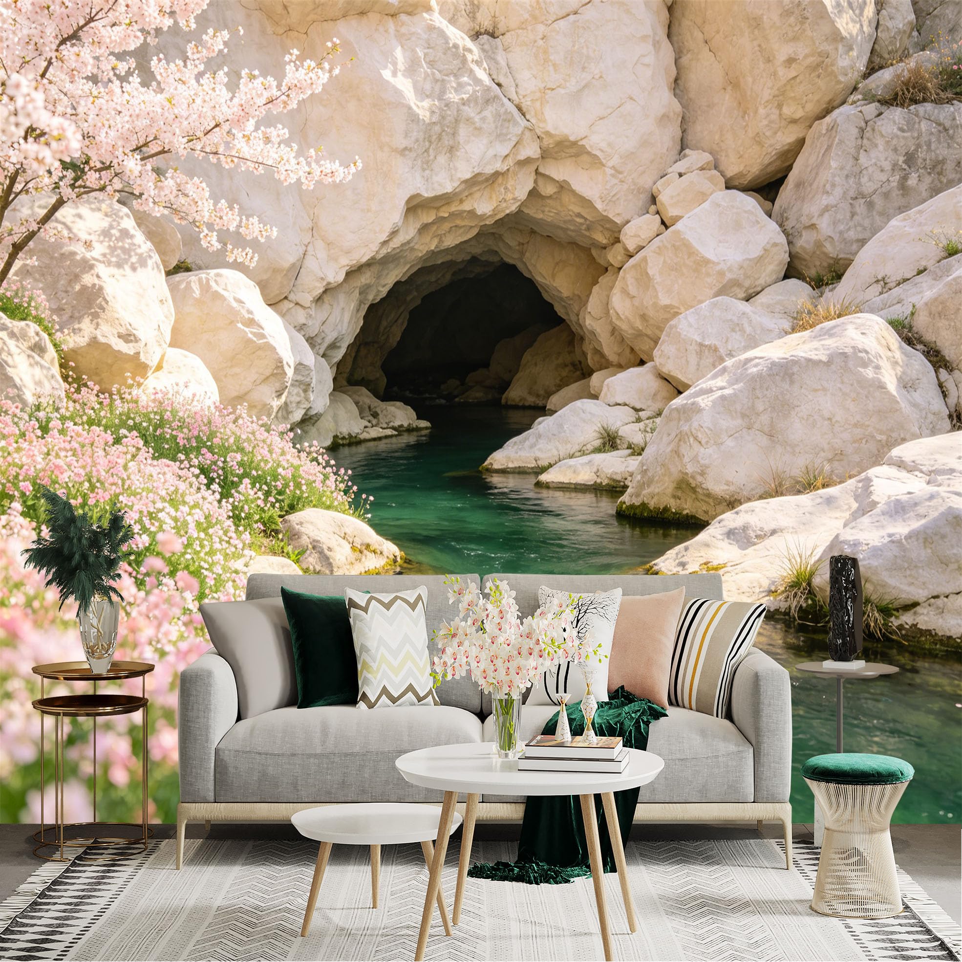 Lnzczhyre Dbh260521435 Custom Size Wall Sticker Mural， Natural Rocky Cave With Turquoise River， Spring Blossoms， Serene Landscape， For Wall Decoration， Peelandstick Wall Decals.