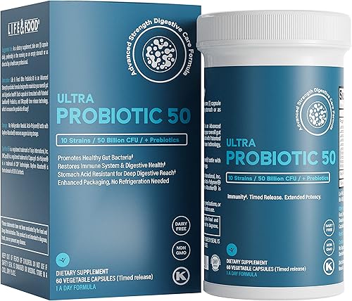 Life & Food Ultra Probiotic 50 mil millones de UFC con prebióticos de fibra solar, tapas de liberación una vez al día, protección de vida útil (60