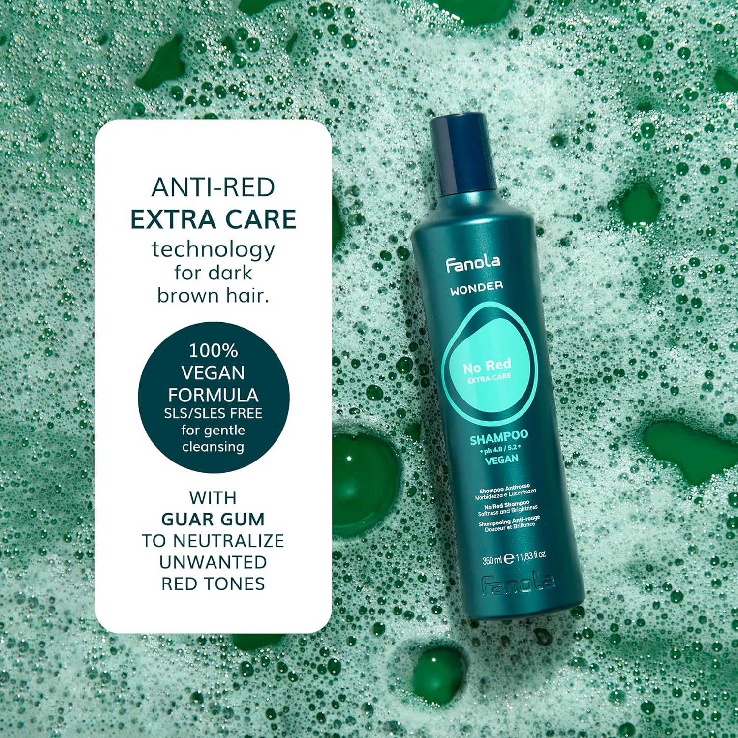 Fanola Wonder No Red Hair Color Shampoo for Women & Men - Green Pigment Shampoo for Color Treated Hair - Neutralizes Natural & Dyed Dark Shades - Vegan, SLS & Silicone-Free Formula (350 ml) - Image 2