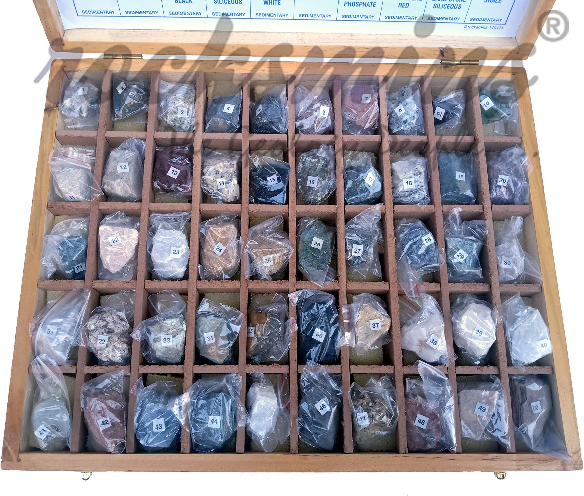 Rocksmins Collection of 50 Rocks in Wooden Box RO50WB with 50 Big Specimen Set of Rock Igneous Sedimentary Metamorphic Rock Mineral Collection Geology Kits Ideal for Study of Earth Stone
